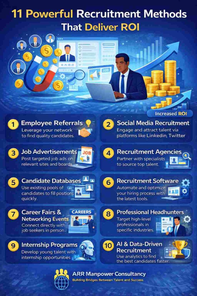 “Infographic showing 11 recruitment methods that deliver ROI, including referrals, social media hiring, AI-driven recruitment, and employer branding”