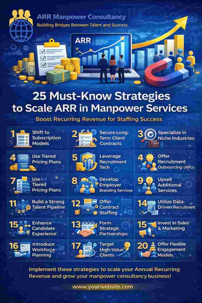 “infographic showing 25 strategies to scale ARR in manpower services including recruitment, client retention, and revenue growth tactics”