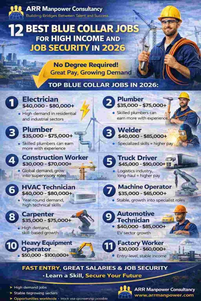 “Infographic showing 12 best blue collar jobs in 2026 with salary, job security and high demand career opportunities”