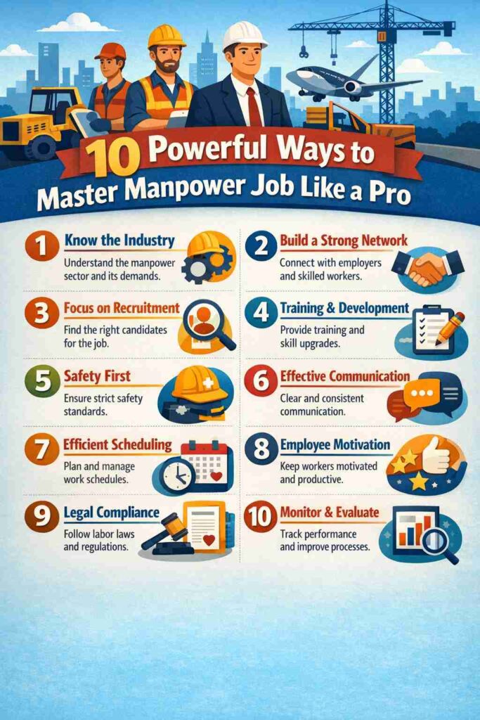 “Infographic showing 10 powerful ways to master manpower jobs, including recruitment, training, safety, communication, and performance management.”