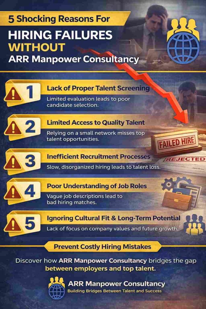 Infographic showing 5 shocking reasons for hiring failures including poor screening, limited talent access, and inefficient recruitment processes