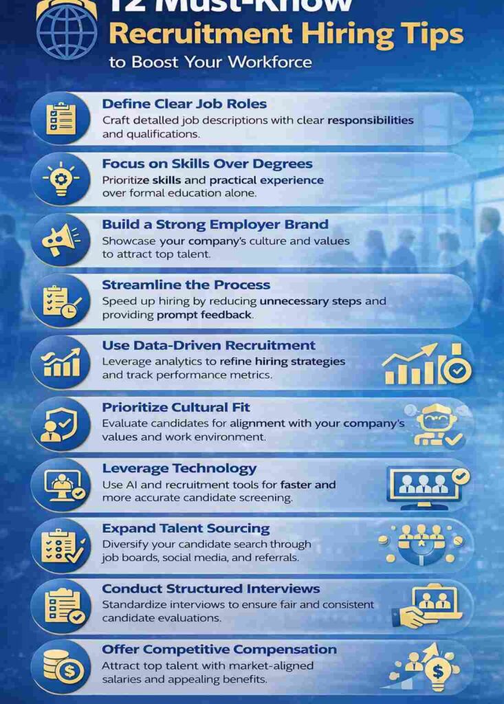 Infographic showing 12 recruitment hiring tips by ARR Manpower Consultancy to improve workforce and hiring strategies