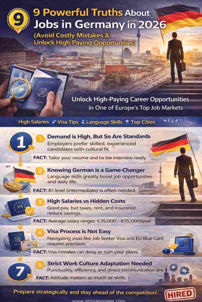 “Infographic showing 9 powerful truths about jobs in Germany 2026 including salaries, visa process, language skills and hiring tips”