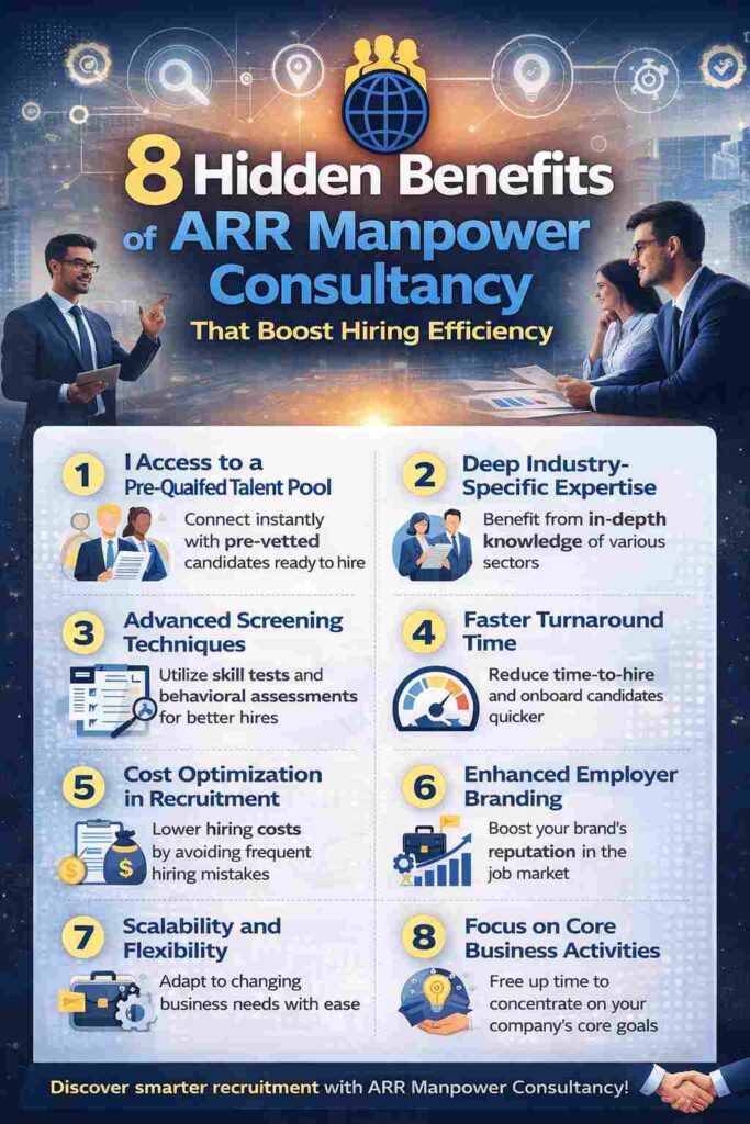 “Infographic showing 8 hidden benefits of ARR Manpower Consultancy for improving hiring efficiency and recruitment success