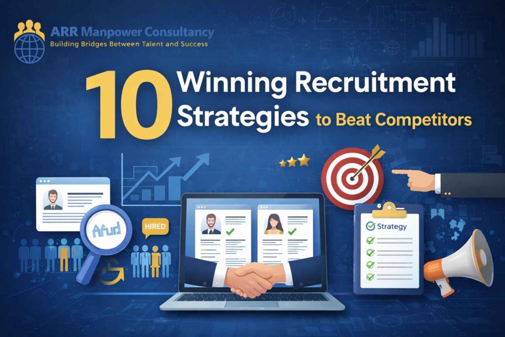 “10 winning recruitment strategies illustration with ARR Manpower Consultancy logo, showing hiring process, competitive resume screening, target achievement, and business growth icons”