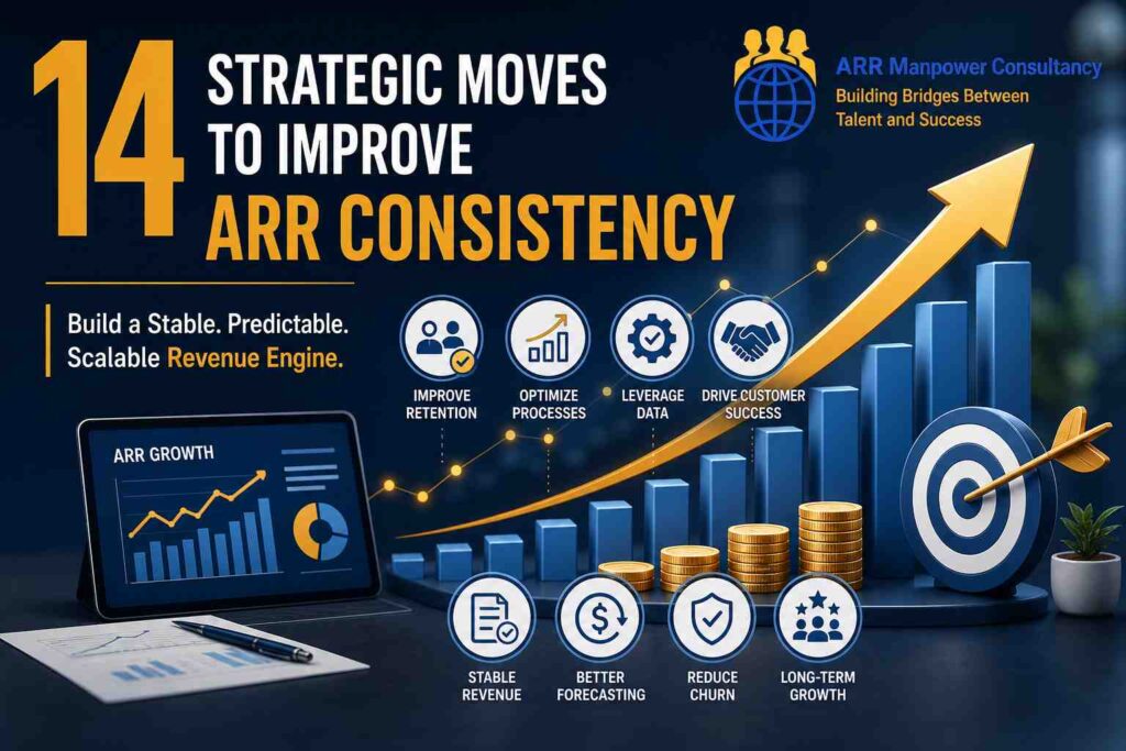 “14 strategic moves to improve ARR consistency with recurring revenue growth, client retention, and business stability concept”