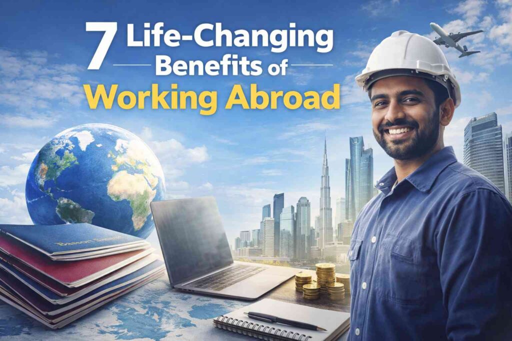 “Worker in safety helmet with globe, passports, laptop, and city skyline representing 7 life-changing benefits of working abroad and global career opportunities”