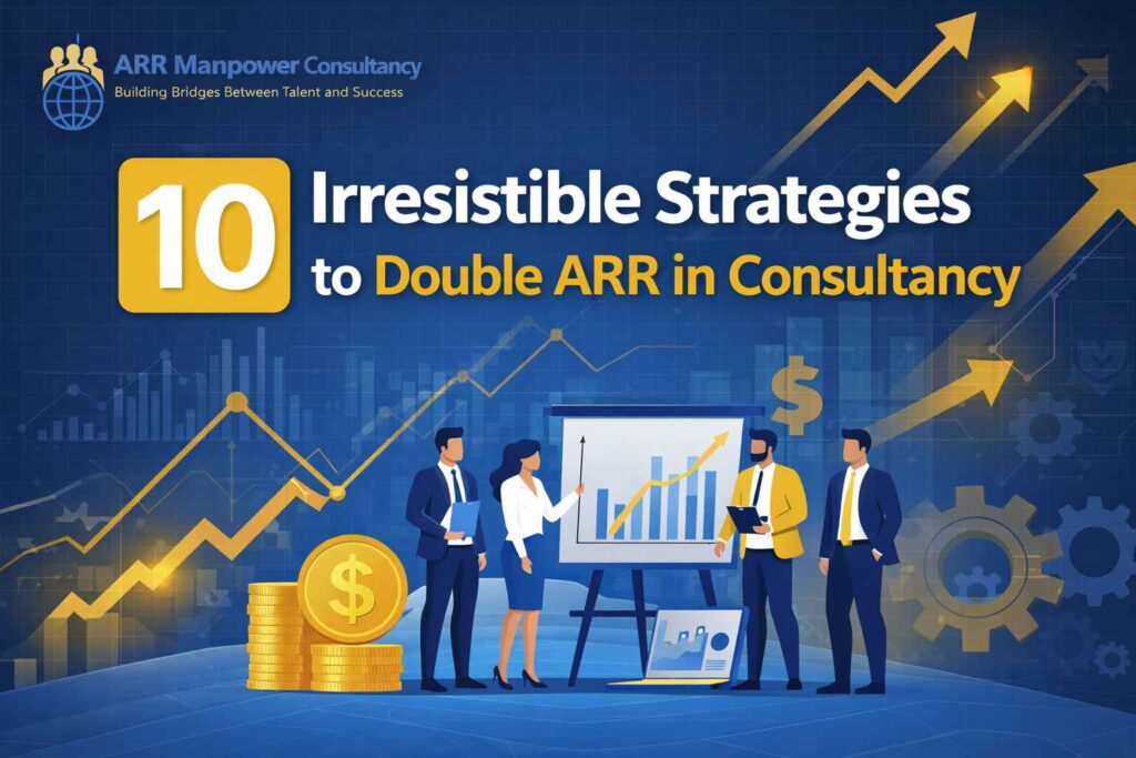 Illustration showing business consultants analyzing growth charts with rising arrows and financial graphs for doubling ARR in consultancy services.