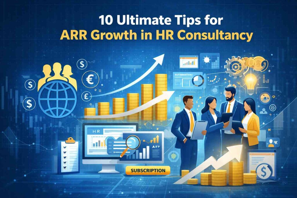 Professional HR consultancy featured image showing business growth strategies, workforce management, analytics dashboards, and ARR Manpower Consultancy branding for recurring revenue success.