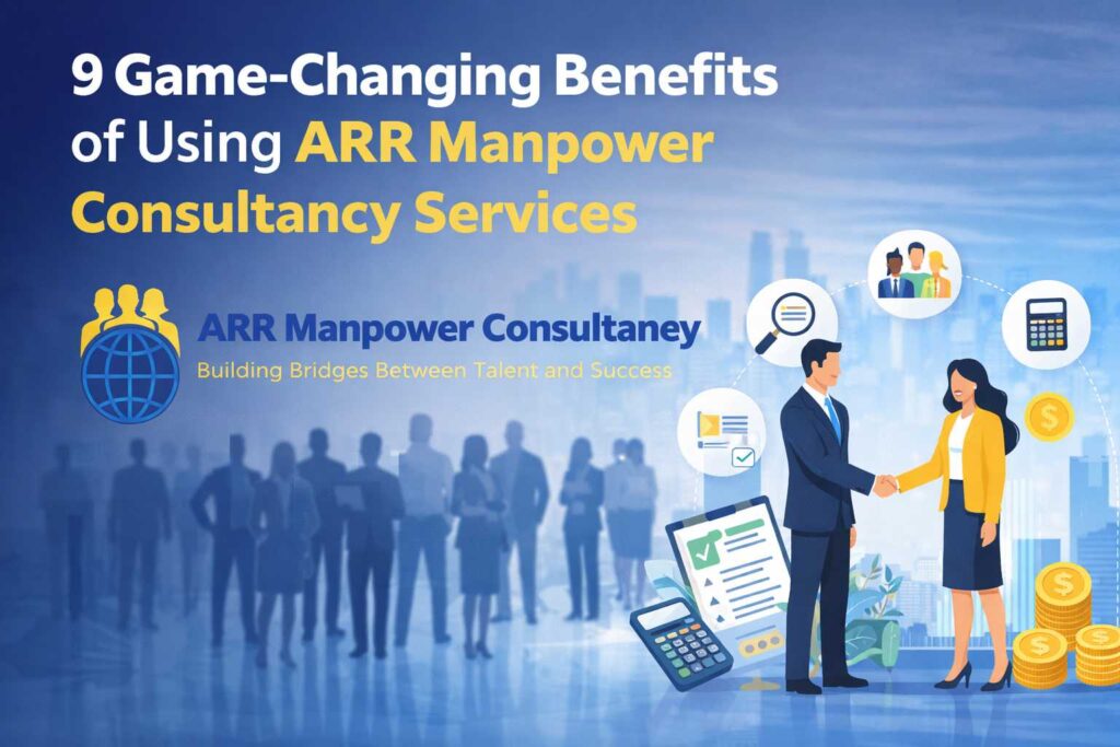 Professional business banner showing ARR Manpower Consultancy Services with a handshake illustration, team silhouettes, and icons representing recruitment, hiring, and workforce solutions.