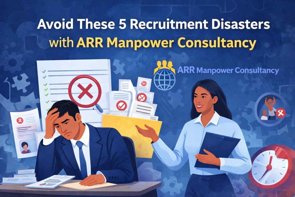 Illustration showing a stressed hiring manager facing recruitment problems while ARR Manpower Consultancy provides professional hiring solutions to avoid recruitment disasters.