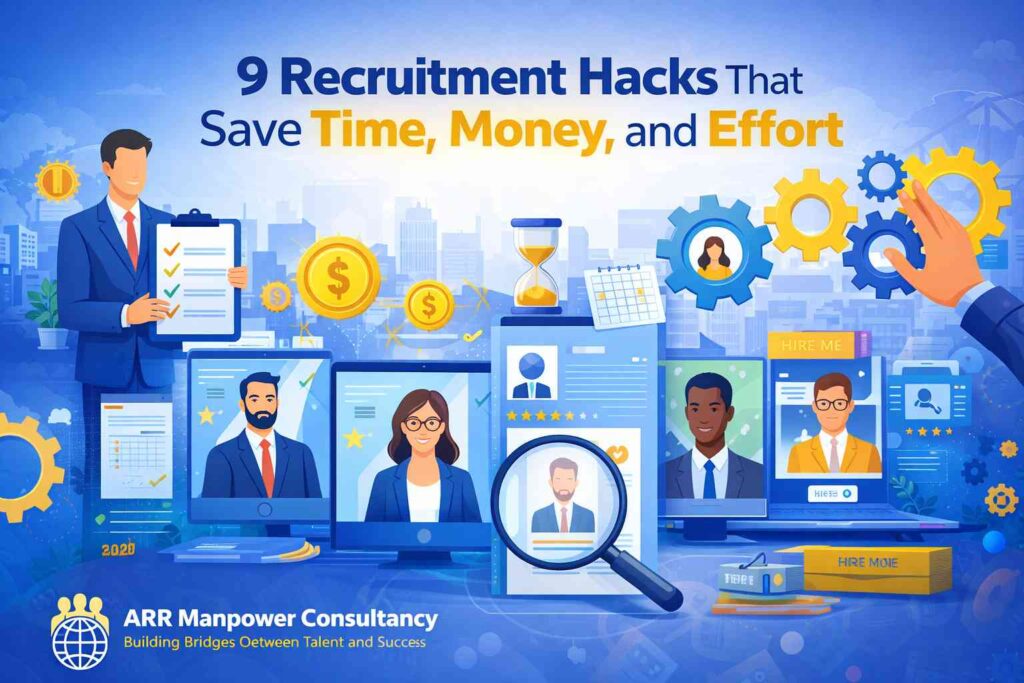 Illustration showing modern recruitment strategies, candidate screening, and hiring automation for businesses by ARR Manpower Consultancy.