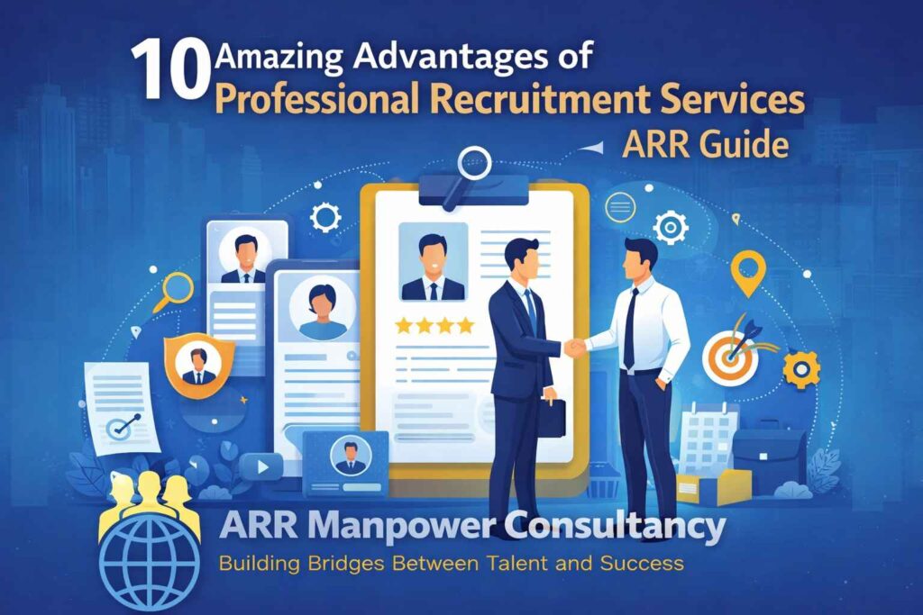 Professional recruitment services illustration showing recruiters, resumes, hiring process, and ARR Manpower Consultancy branding