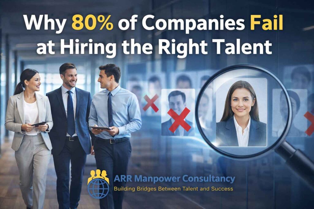Business professionals and recruitment concept showing why companies fail at hiring the right talent with ARR Manpower Consultancy branding