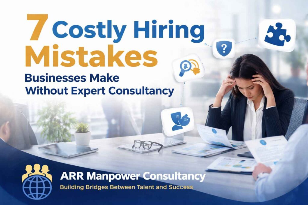 Businesswoman stressed during recruitment process with hiring mistake icons and ARR Manpower Consultancy branding representing costly hiring errors businesses make without expert consultancy.