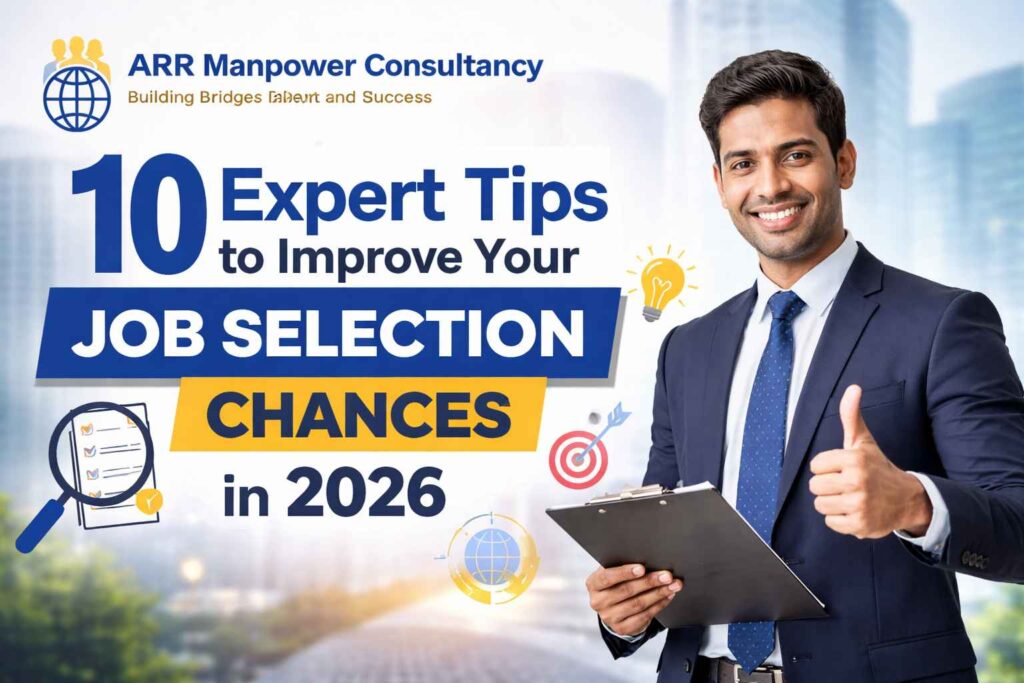 Professional job seeker holding a resume and showing confidence with ARR Manpower Consultancy branding for the blog “10 Expert Tips to Improve Your Job Selection Chances in 2026”