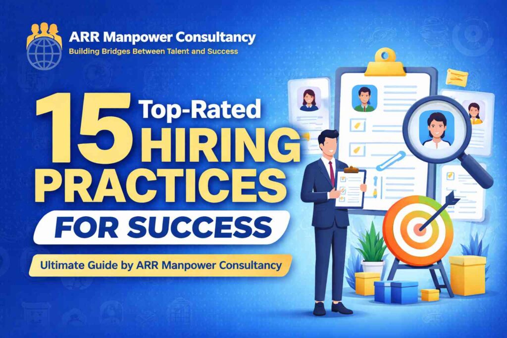 “15 top-rated hiring practices for success by ARR Manpower Consultancy featuring recruiter illustration, candidate profiles, and recruitment strategy visuals”