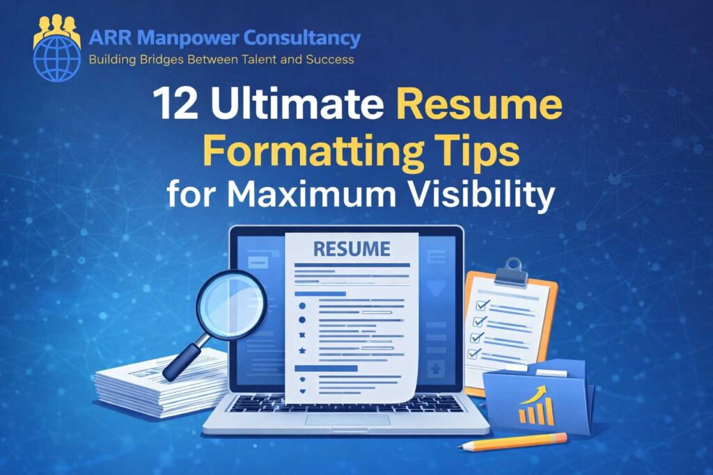 Featured image for ARR Manpower Consultancy blog article titled “12 Ultimate Resume Formatting Tips for Maximum Visibility” showing a professional resume displayed on a laptop screen with a magnifying glass, clipboard checklist, stacked documents, and career growth icons on a blue digital background with the ARR Manpower Consultancy logo and branding.