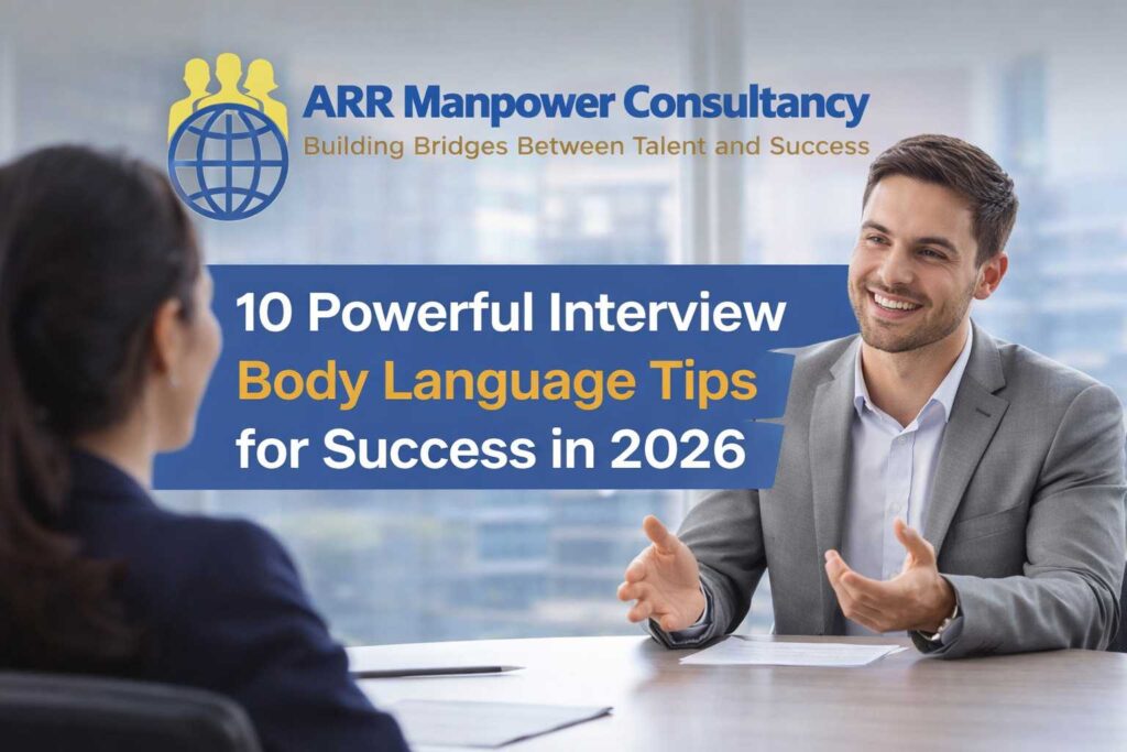 Professional featured image showing a confident job candidate demonstrating positive interview body language during a corporate interview in 2026. The candidate maintains eye contact, proper posture, and professional hand gestures while speaking with recruiters across an office desk. The image includes modern office elements, communication icons, and the ARR Manpower Consultancy logo with the headline “10 Powerful Interview Body Language Tips for Success in 2026.” The design uses blue and gold corporate branding to represent professionalism, confidence, and interview success.