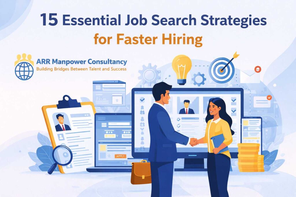 Professional featured image for a job search blog showing confident job seekers attending interviews, networking, and applying for jobs in a modern office environment with ARR Manpower Consultancy branding and the headline “15 Essential Job Search Strategies for Faster Hiring”.