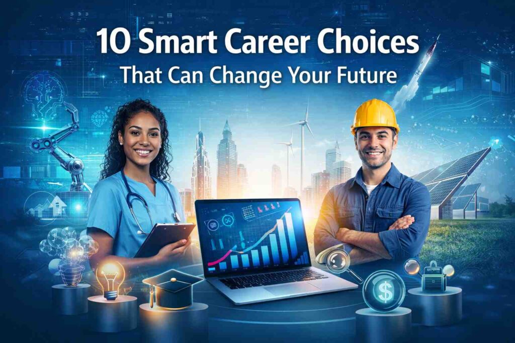 Professional featured image for the blog article “10 Smart Career Choices That Can Change Your Future” by ARR Manpower Consultancy. The image shows ambitious professionals from multiple industries including technology, healthcare, finance, renewable energy, and digital marketing standing confidently in a modern futuristic cityscape. Career growth symbols such as upward arrows, digital icons, glowing pathways, and success-oriented visuals represent professional development and future opportunities. The ARR Manpower Consultancy logo appears prominently with a blue, gold, and white corporate color theme, creating a motivational and modern recruitment-focused design.