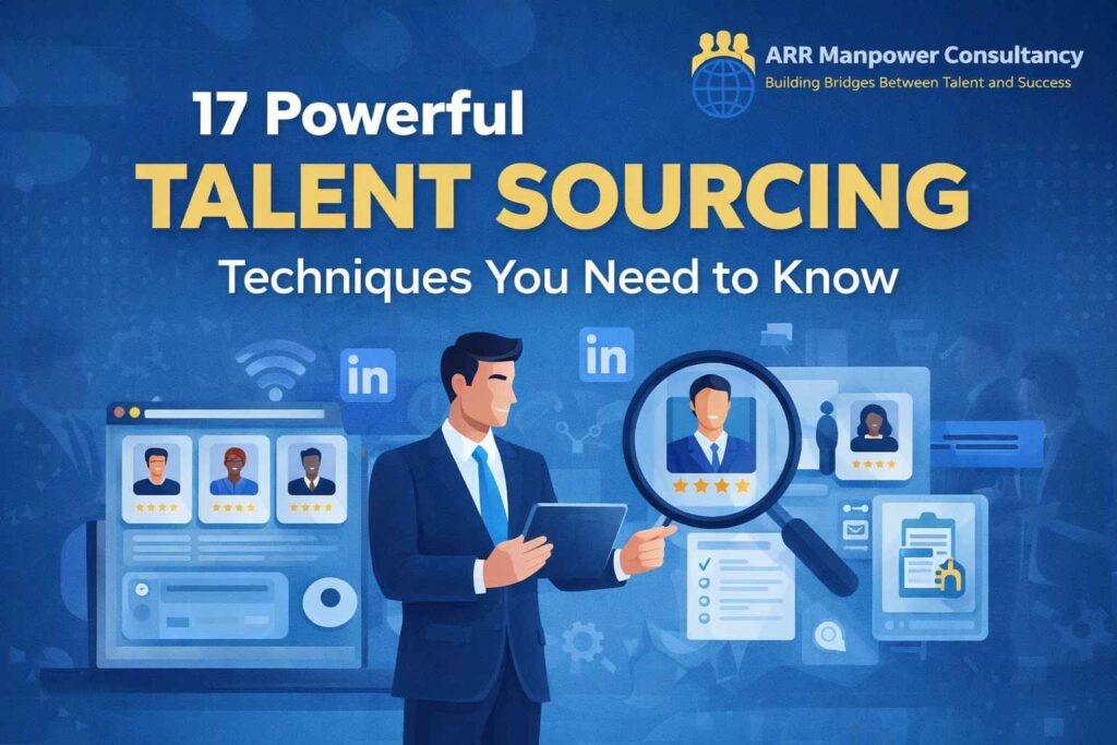 17 powerful talent sourcing techniques illustration showing recruiters connecting with qualified candidates through digital recruitment, networking, employee referrals, and talent acquisition strategies