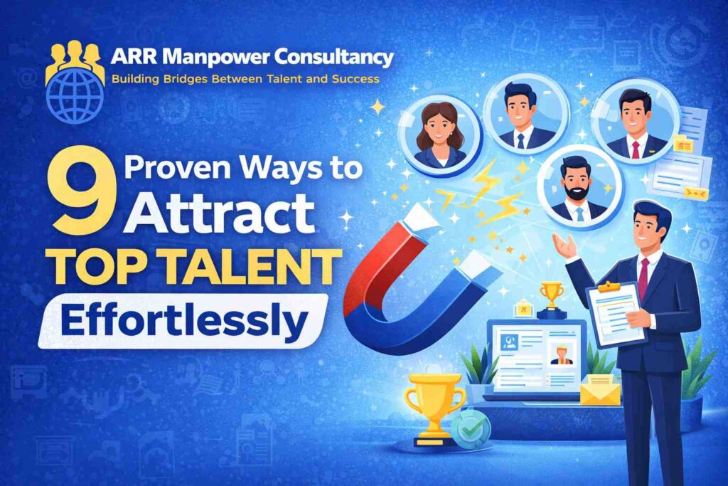 “9 proven ways to attract top talent effortlessly featuring magnet attracting candidates, recruitment strategy visuals, and ARR Manpower Consultancy branding”