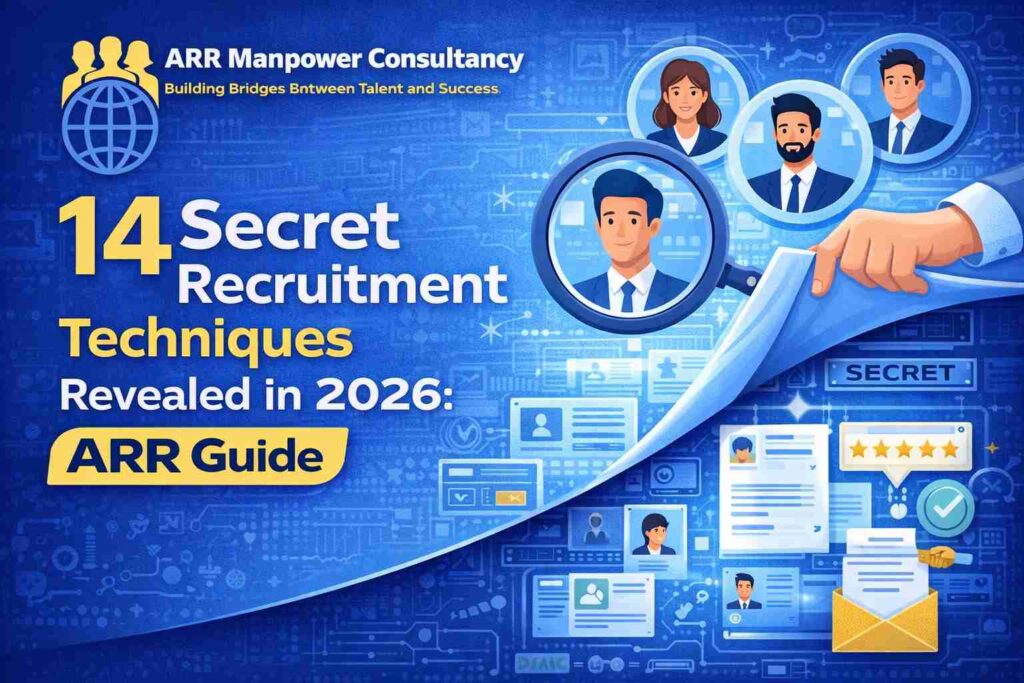 “14 secret recruitment techniques revealed in 2026 featuring modern hiring strategies, AI recruitment tools, and ARR Manpower Consultancy branding”