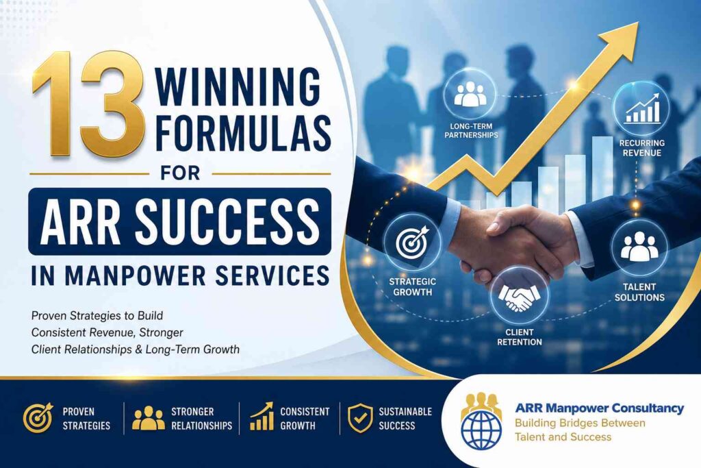“13 winning formulas for ARR success in manpower services with business growth, client partnerships, and recurring revenue concept”