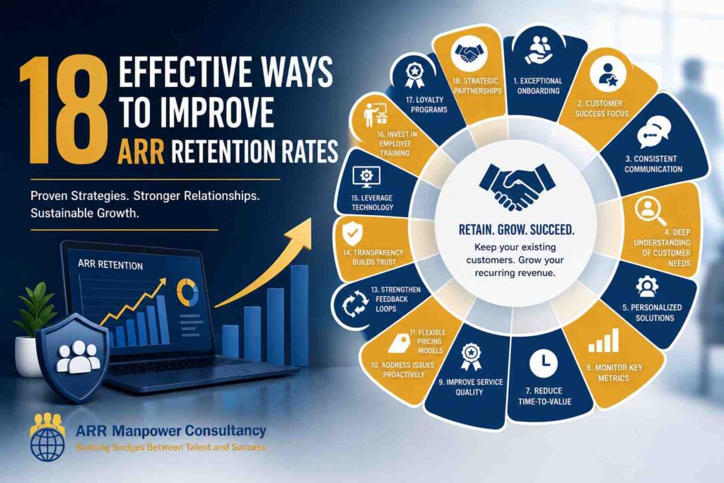“18 effective ways to improve ARR retention rates with customers success, client retention strategies, and recurring revenue growth concept”