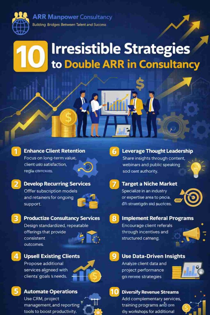 Infographic highlighting 10 strategies to double ARR in consultancy, featuring growth charts, business consultants, recurring revenue ideas, and operational scaling concepts.