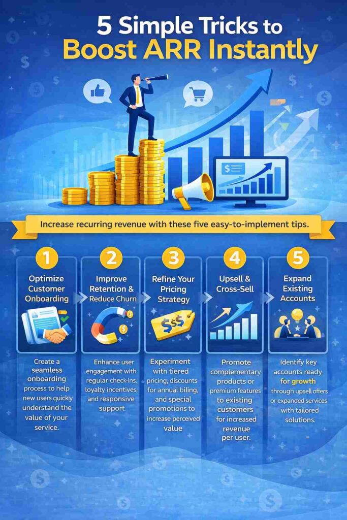 Infographic showing five simple strategies to boost ARR, including onboarding, retention, pricing optimization, upselling, and customer expansion, with ARR Manpower Consultancy branding value.