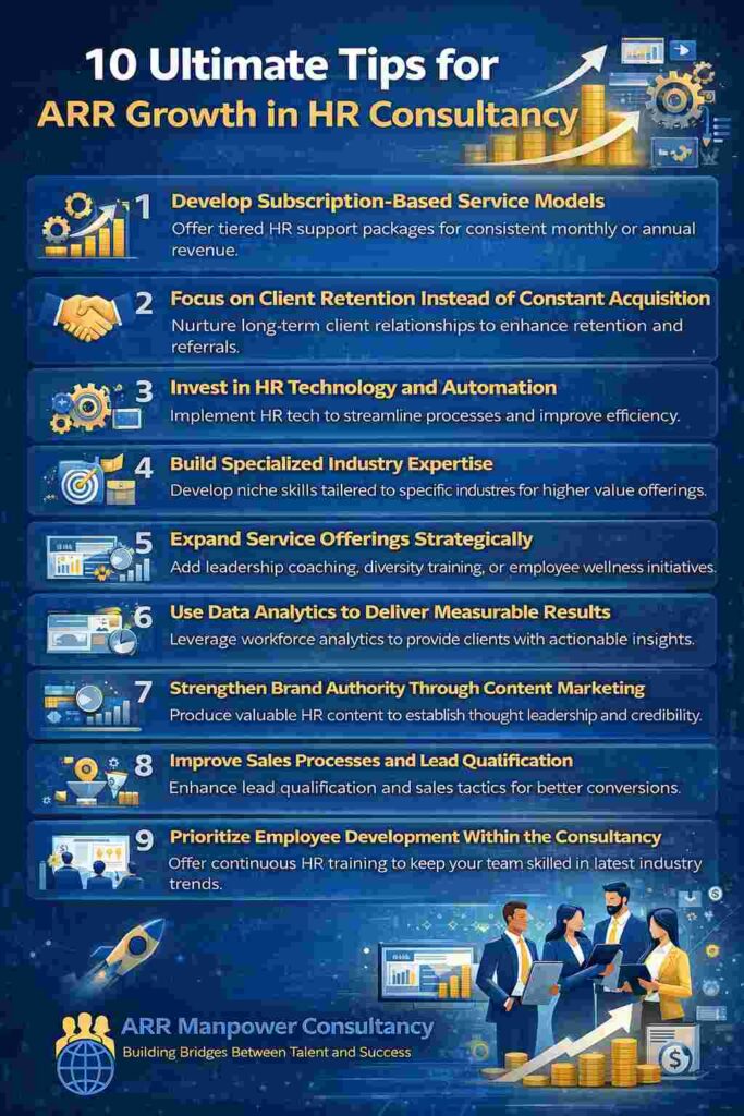 Infographic showing 10 ultimate tips for ARR growth in HR consultancy including client retention, HR technology, subscription services, analytics, and workforce development strategies.