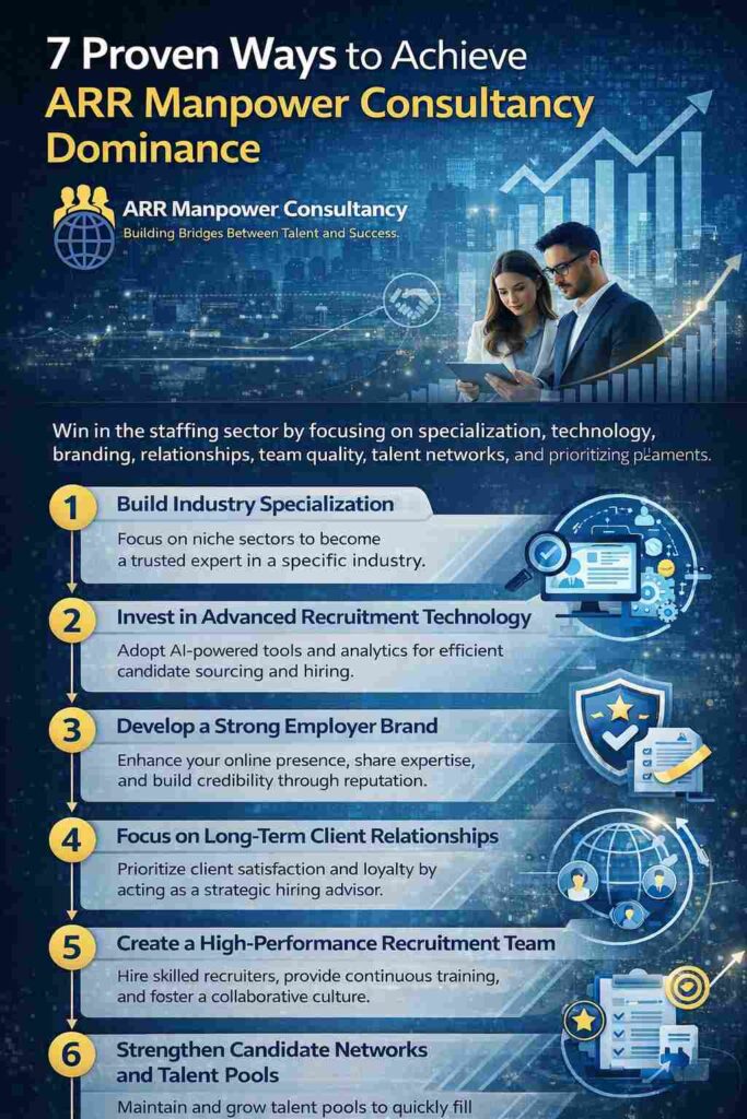 Infographic showing seven proven strategies for manpower consultancy growth, recruitment success, and workforce management.