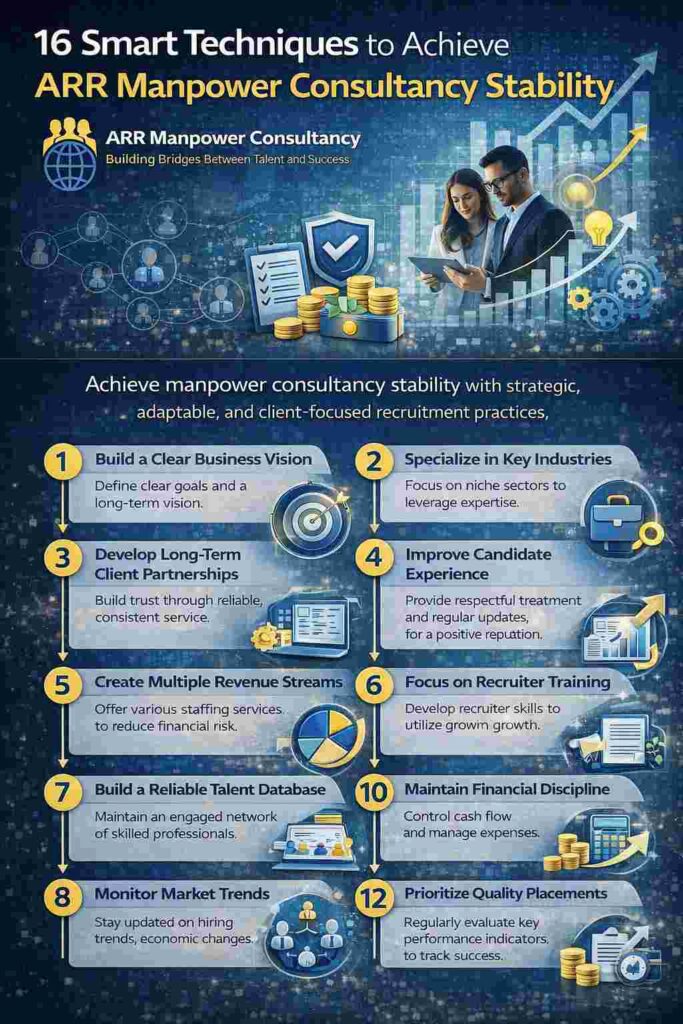 Infographic presenting 16 smart techniques for achieving ARR manpower consultancy stability through strategic recruitment and workforce management.