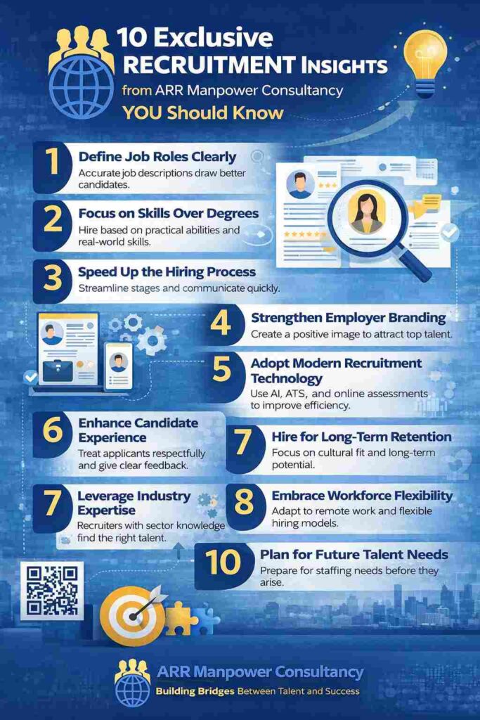 exclusive recruitment infographic illustrating 10 exclusive hiring insights from ARR Manpower Consultancy, including talent acquisition, workforce planning, employer branding, and modern staffing strategies.