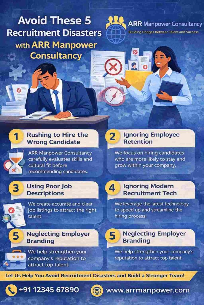 Infographic explaining five major recruitment disasters businesses should avoid, featuring ARR Manpower Consultancy’s hiring solutions and workforce management strategies.