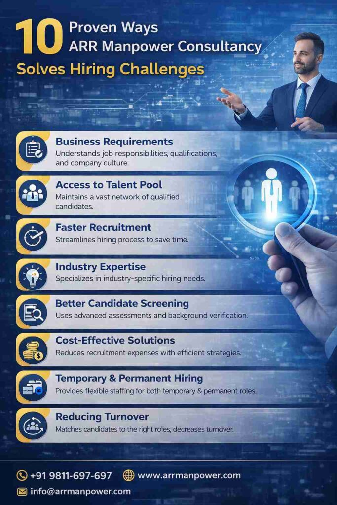 ARR Manpower Consultancy infographic showing 10 proven recruitment solutions for modern hiring challenges