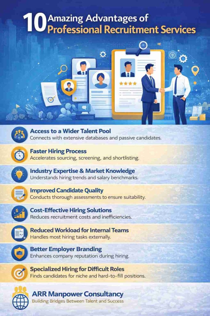 Infographic showing 10 advantages of professional recruitment services by ARR Manpower Consultancy