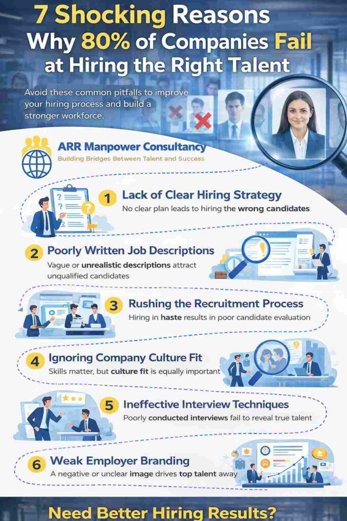Infographic showing 7 shocking reasons why companies fail at hiring the right talent by ARR Manpower Consultancy
