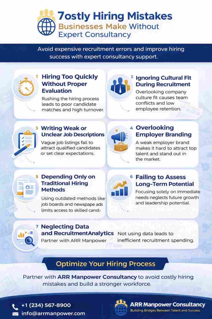 Infographic showing seven costly hiring mistakes businesses make without expert consultancy, including rushed hiring, poor cultural fit, weak job descriptions, and lack of recruitment analytics by ARR Manpower Consultancy.