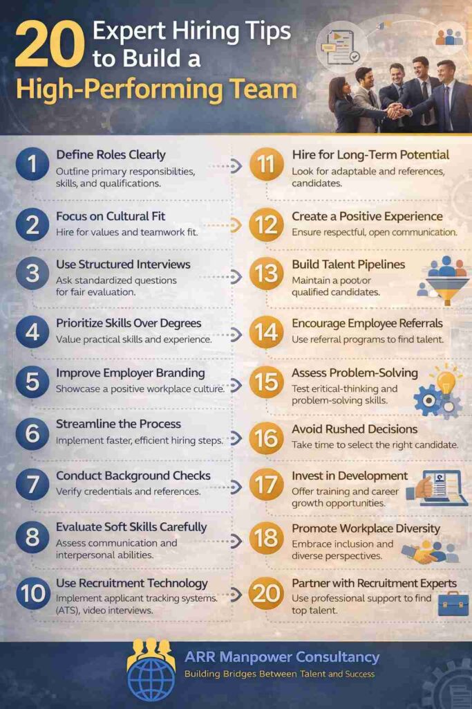 Infographic showing 20 expert hiring tips to build a high-performing team by ARR Manpower Consultancy