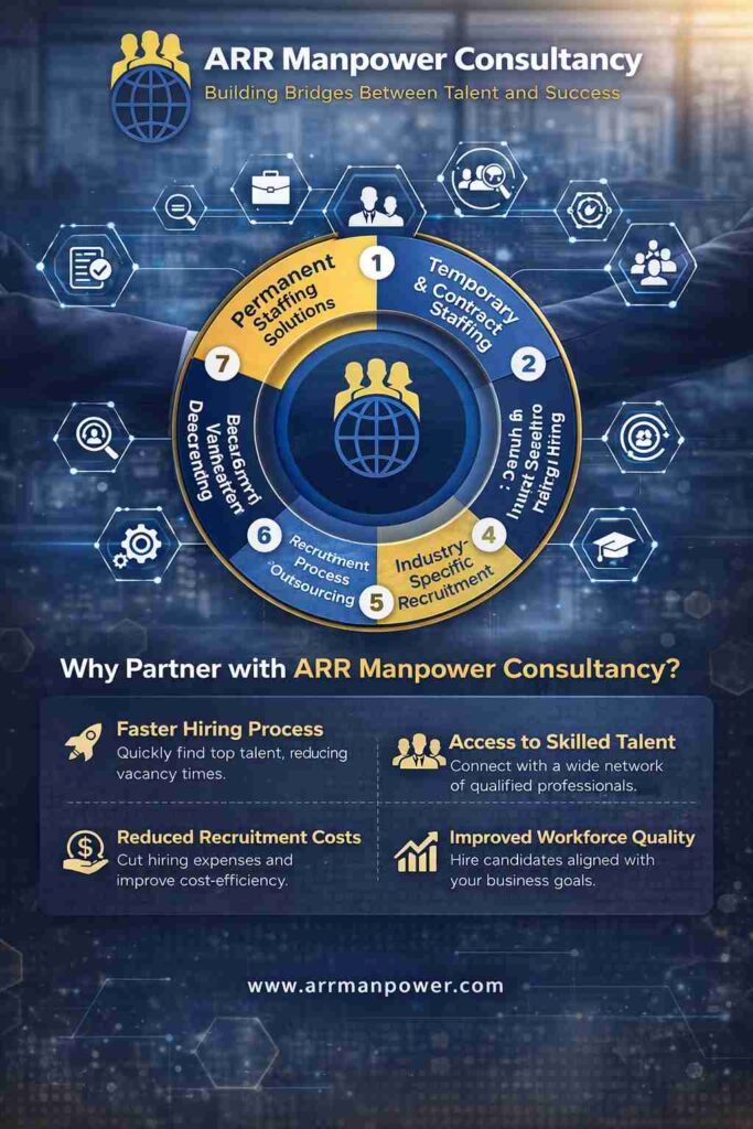 Infographic showing 7 expert recruitment services by ARR Manpower Consultancy including staffing, executive hiring, recruitment outsourcing, and workforce solutions.