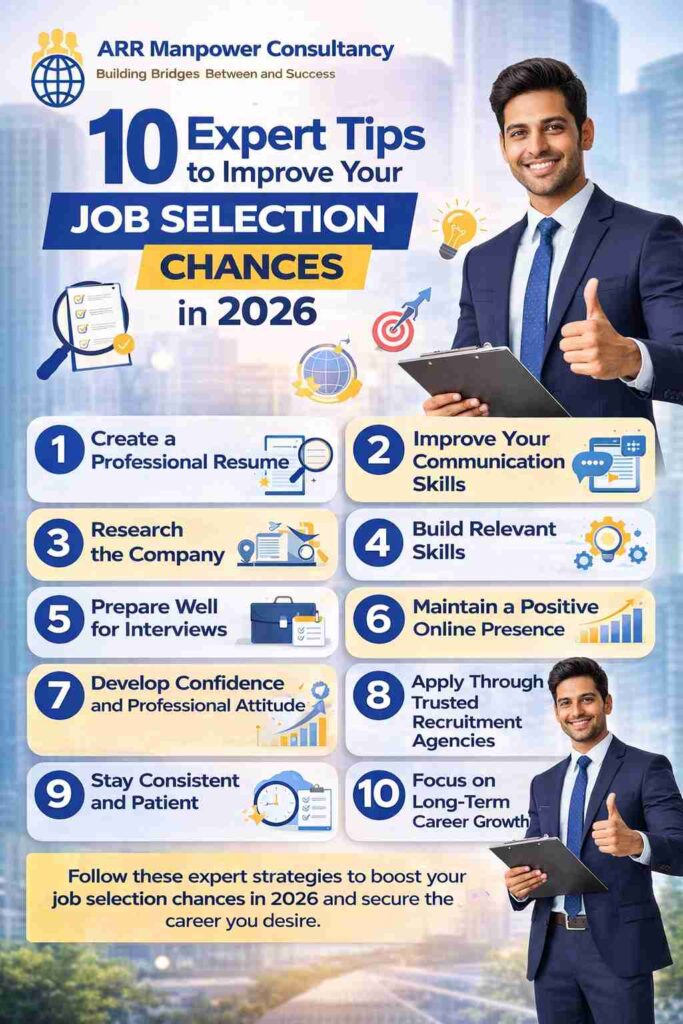 Infographic showing 10 expert tips to improve job selection chances in 2026 by ARR Manpower Consultancy with resume, interview, communication, and career growth strategies