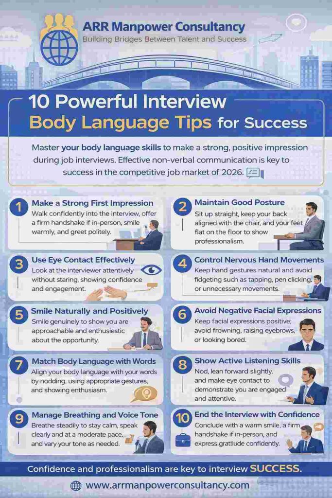 Infographic by ARR Manpower Consultancy titled “10 Powerful Interview Body Language Tips for Success in 2026” featuring professional interview communication techniques. The infographic visually explains essential body language tips including maintaining eye contact, sitting with proper posture, controlling nervous hand movements, smiling naturally, active listening, confident greetings, positive facial expressions, voice control, and ending interviews professionally. Designed in blue, white, and gold corporate colors, the infographic includes icons, illustrations of interview scenarios, and branding elements to help job seekers improve interview confidence and non-verbal communication skills.