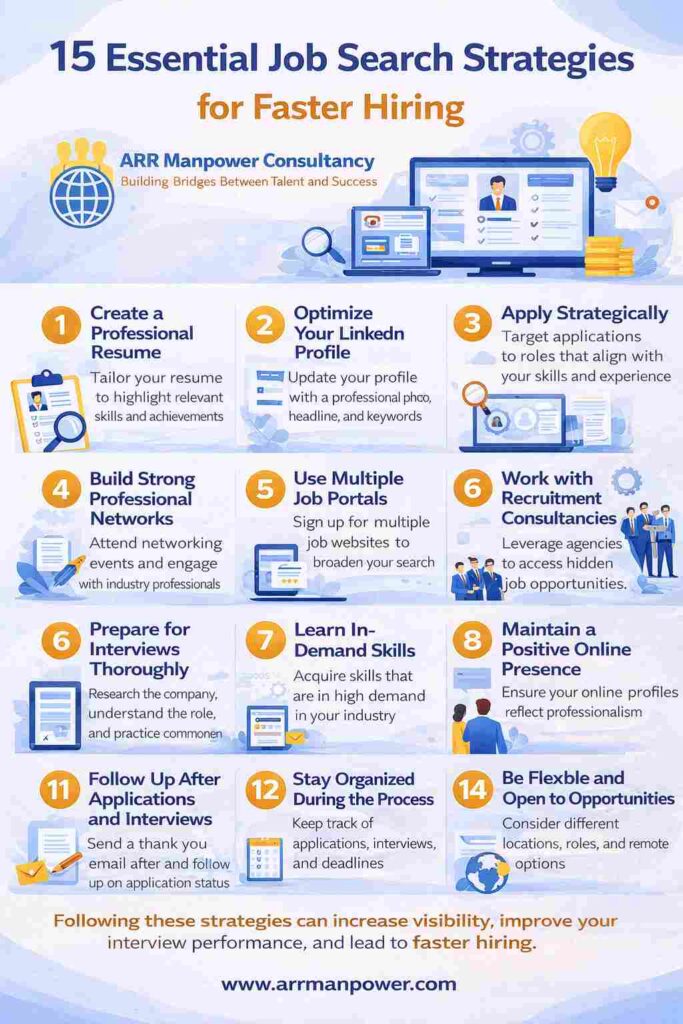 Infographic titled “15 Essential Job Search Strategies for Faster Hiring” by ARR Manpower Consultancy featuring visual tips on resume building, LinkedIn optimization, interview preparation, networking, skill development, recruitment consultancies, and online job search techniques for career success in 2026.