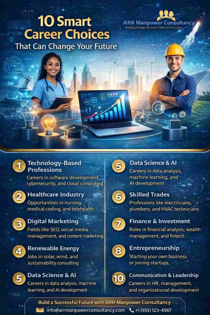 Infographic titled “10 Smart Career Choices That Can Change Your Future” by ARR Manpower Consultancy featuring modern career opportunities in technology, healthcare, digital marketing, renewable energy, data science, finance, entrepreneurship, and leadership. The design includes professional workers, futuristic business graphics, career growth icons, upward trend charts, renewable energy visuals, and a blue-and-gold corporate theme symbolizing success, innovation, and long-term professional growth.