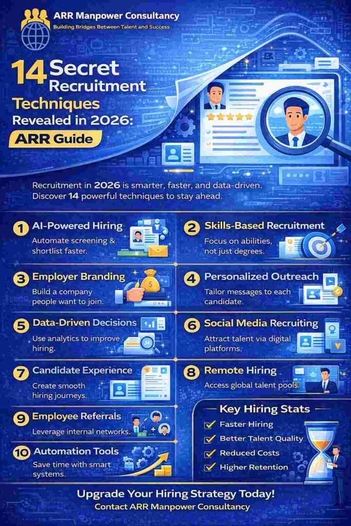 “Infographic showing 14 secret recruitment techniques in 2026 including AI hiring, data-driven recruitment, employer branding, and talent acquisition strategies”