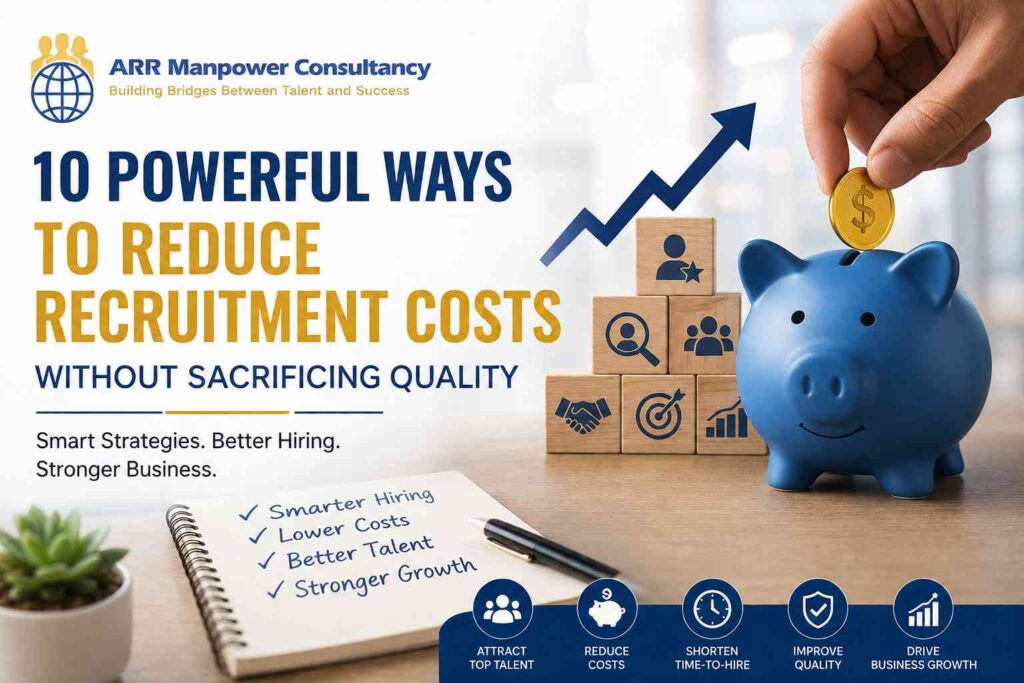Illustration showing a blue piggy bank receiving a gold coin, recruitment strategy icons, and business growth symbols alongside ARR Manpower Consultancy branding, representing cost-effective hiring and talent acquisition strategies.