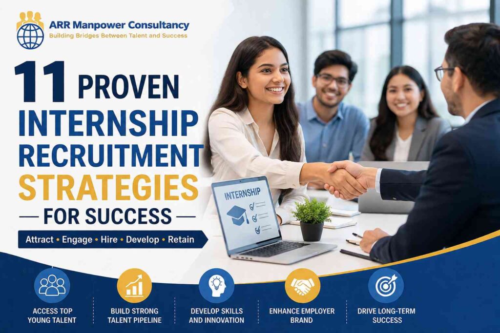 11 Proven Internship Recruitment Strategies for Success featured image showing a professional internship hiring meeting, student candidate handshake, ARR Manpower Consultancy branding, and key benefits of effective internship recruitment.